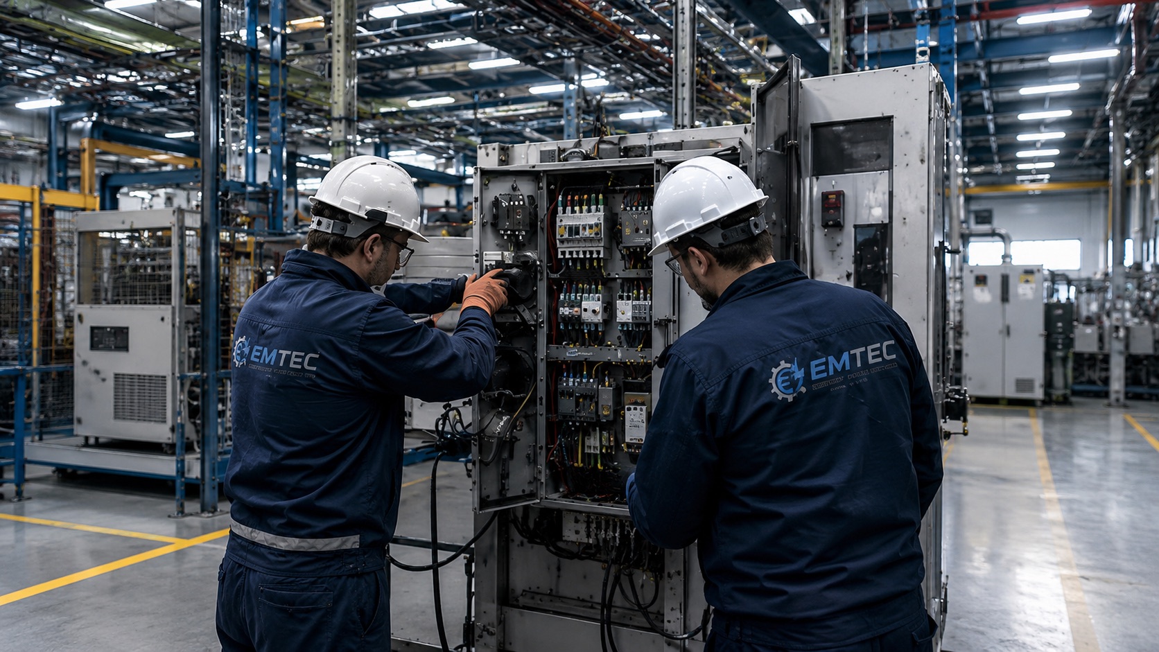 Equipo técnico de EMTEC trabajando sobre un tablero eléctrico industrial